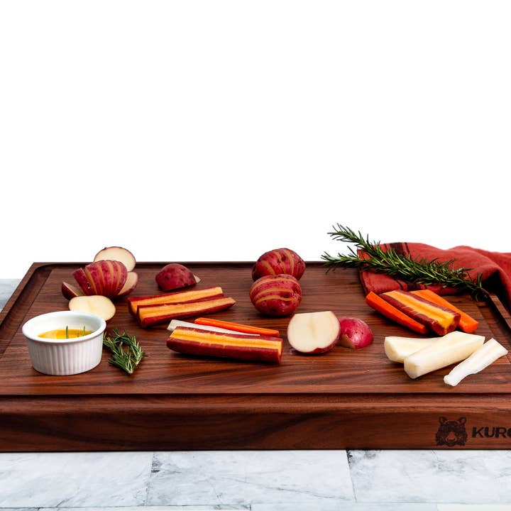 Kurouto Kitchenware - Wholesale Cheese board - Charcuterie Board- Black Walnut Edge Grain Meat and Cheese Serving Board- Reversible- Doubles as Butcher Block- with Juice Groove and Integrated Handles - (20 x 15 x 1.5 Inches)4