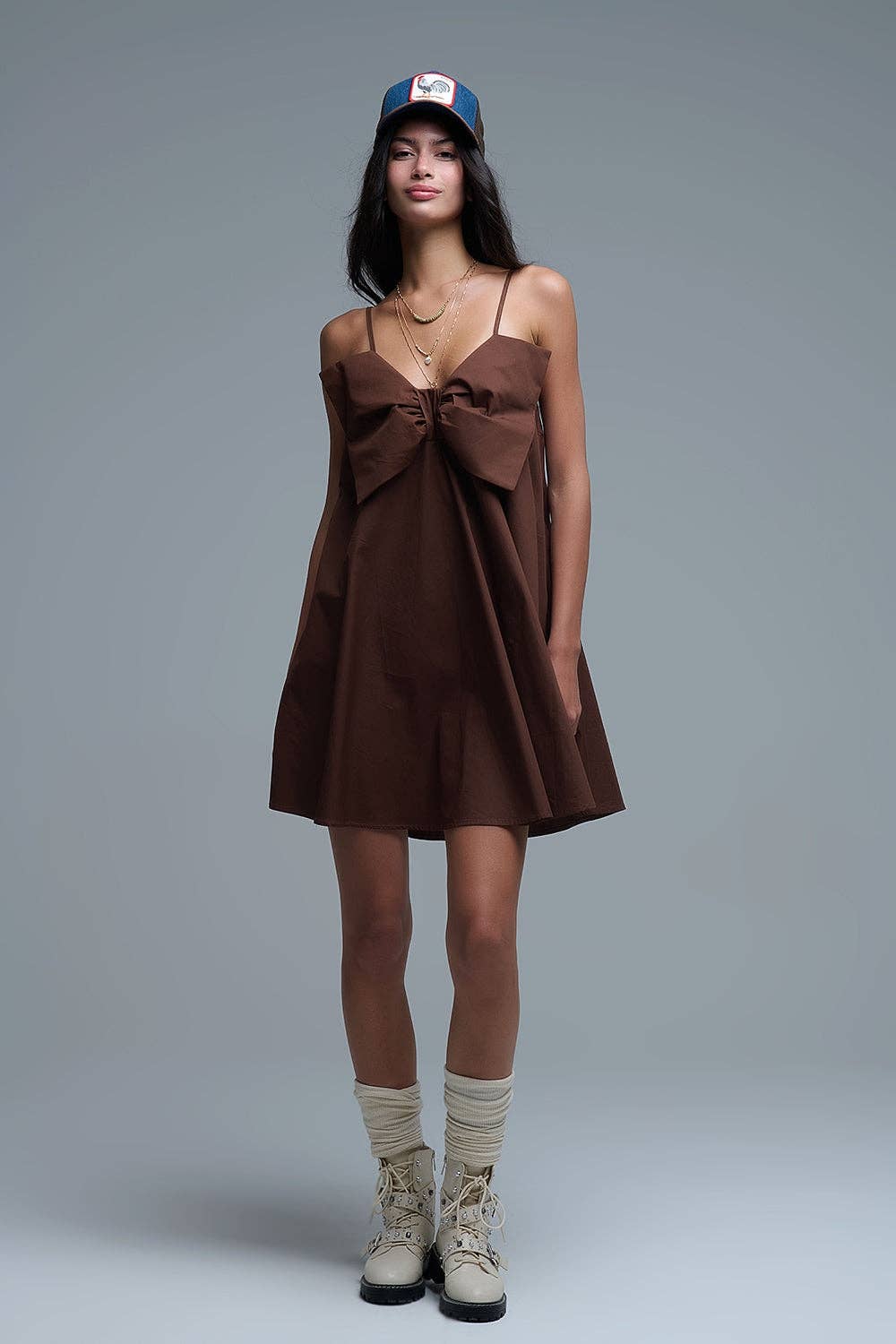 Brown poplin mini dress with a big bow detail for wholesale on Faire2