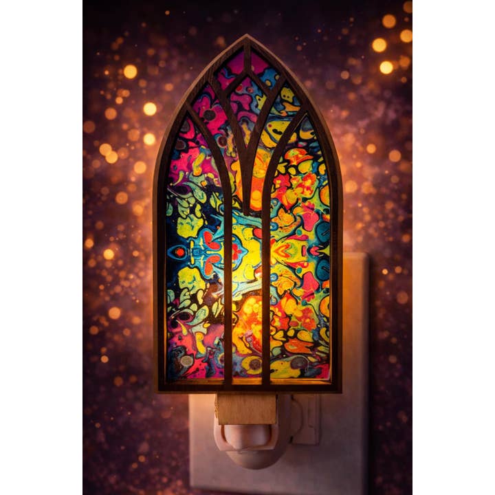 psychedelic cathedral nightlight with colorful stained glass art, wooden laser cut window, boho decor for wholesale by Form Hous