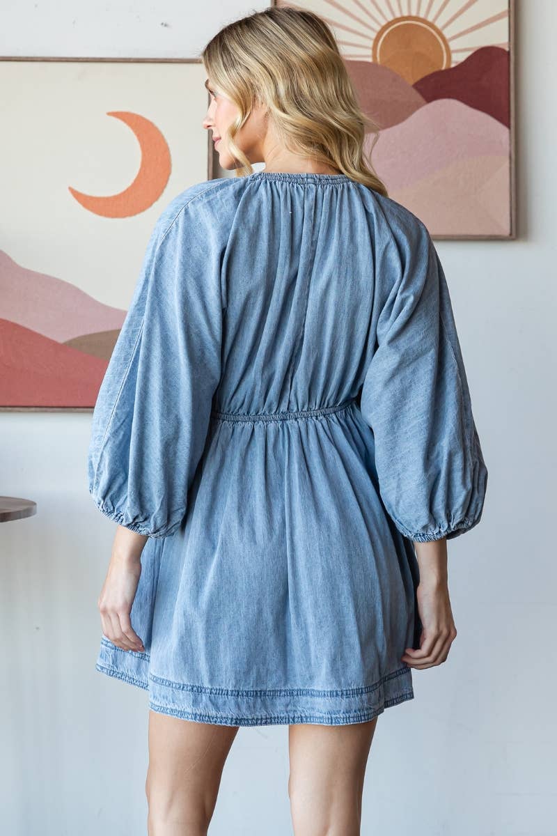 Veveret - Wholesale Dress - Women's - V-neck Puff Sleeve Denim Short Dress14