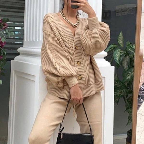 Fashion V-Neck Loose Buttoned Top&Pants Solid Color Knitting Suit for wholesale by ShieldChic