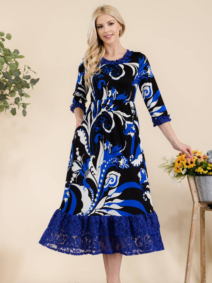 PLUS SIZE & MISSY FLORAL MIDI-DRESS WITH LACE -CD43855F for wholesale by Celeste Clothing