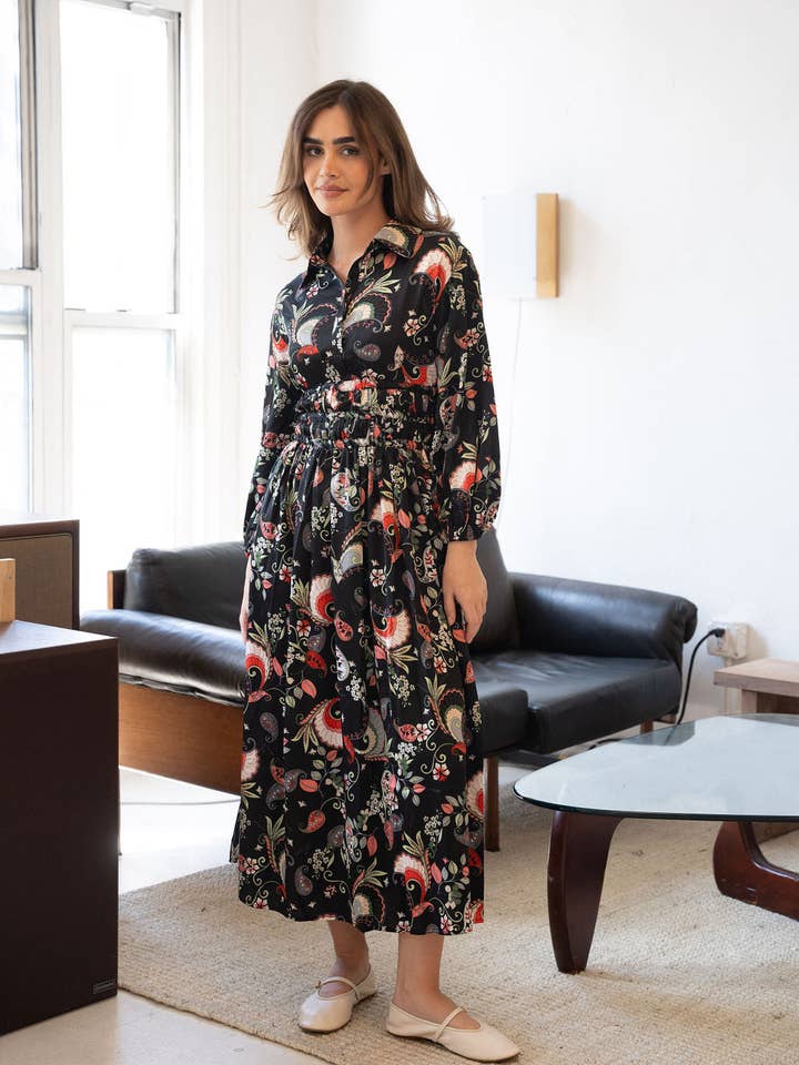 Vestido camisero con cintura fruncida con estampado de cachemir para venta al por mayor de Mima Rosso