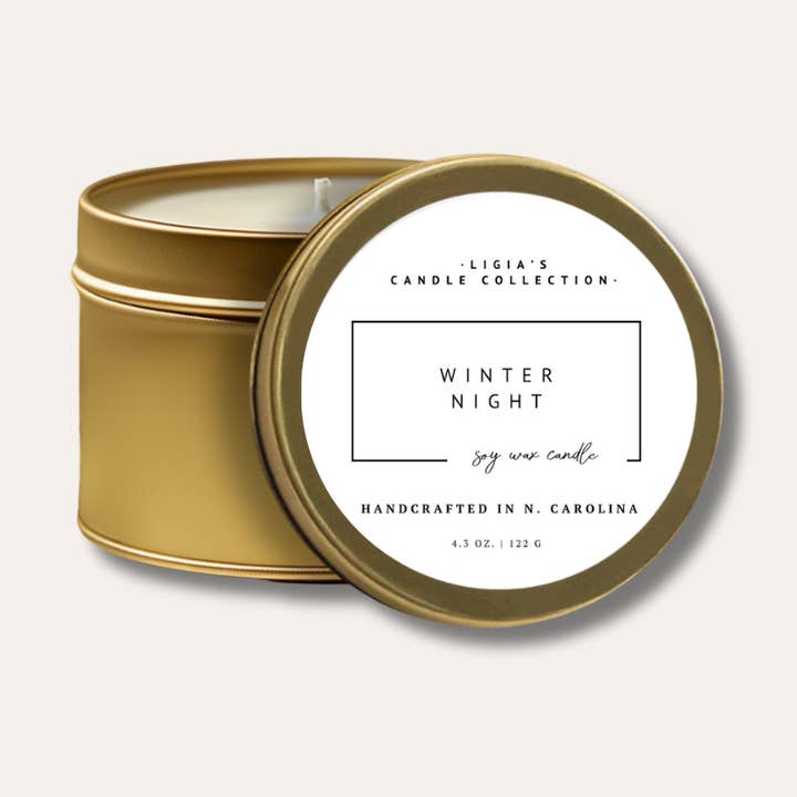 Winter Night Luxury Soy Candle - Gold Travel Tin - 4 oz. for wholesale by LIGIA'S CANDLE COLLECTION