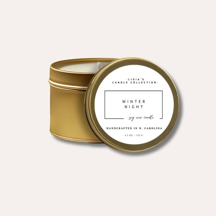 Winter Night Luxury Soy Candle - Gold Travel Tin - 4 oz. for wholesale by LIGIA'S CANDLE COLLECTION