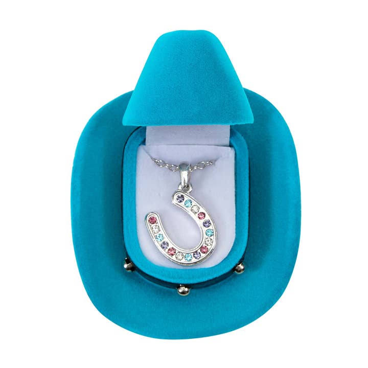 JPC Equestrian - Wholesale Pendant/Charm Necklace - AWST Int'l Horseshoes Necklace w/Colorful Cowboy Hat Box
