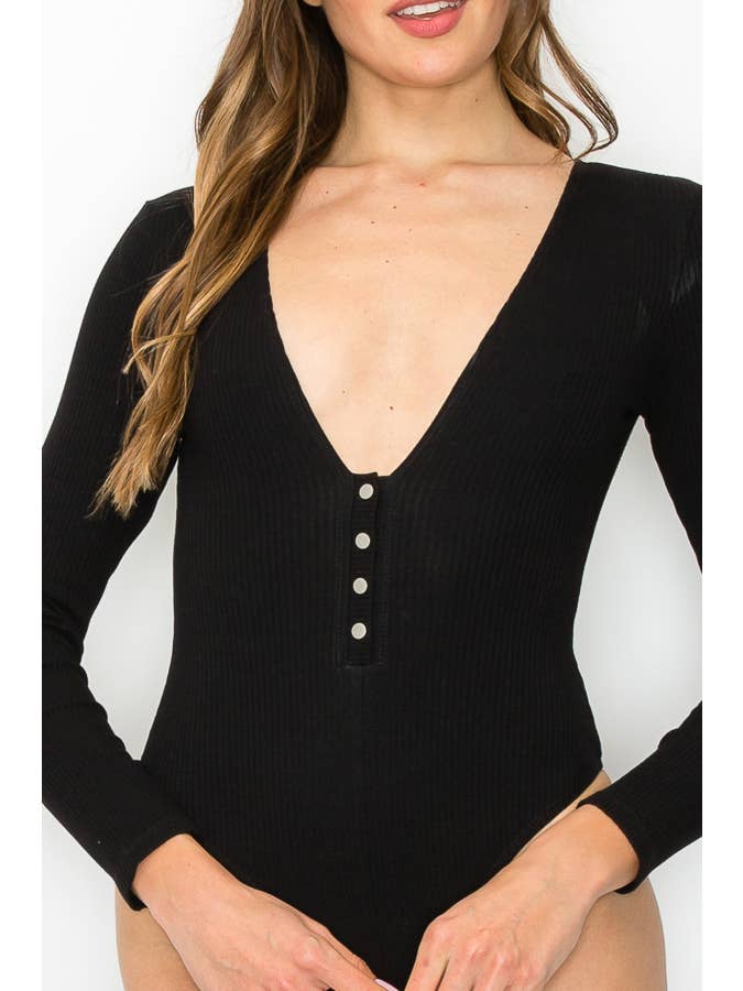 Makers of Dreams - Wholesale Bodysuit - Women's - V-neck Long Sleeve Snap Button Cotton Rib Bodysuit (Black)1