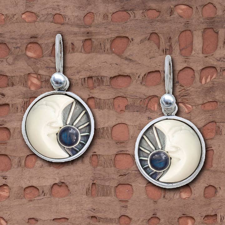L-1316 Tagua nut Half-Moon and black moonstone earrings for wholesale by Tidepool