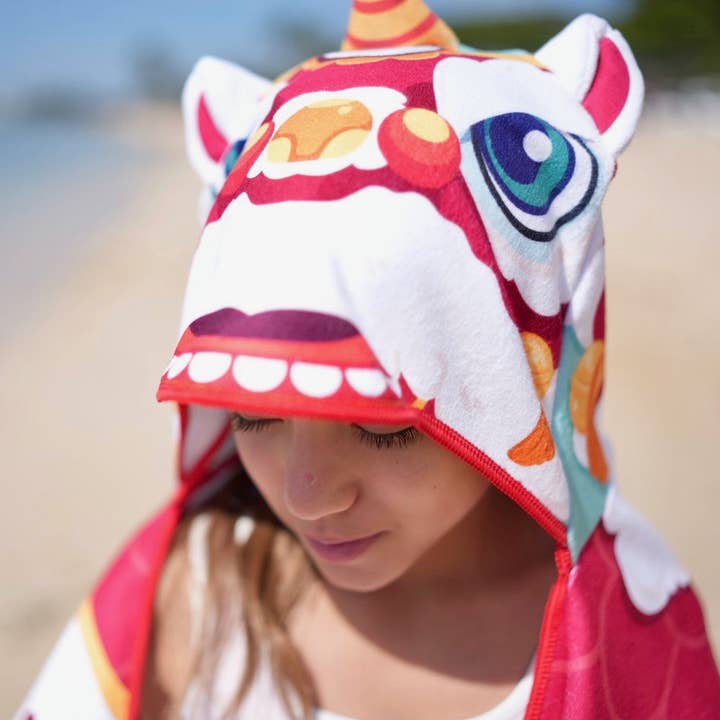 Lucky Lion Hooded Towel for wholesale by Keiki Kaukau - Hawai‘i's Toy Company