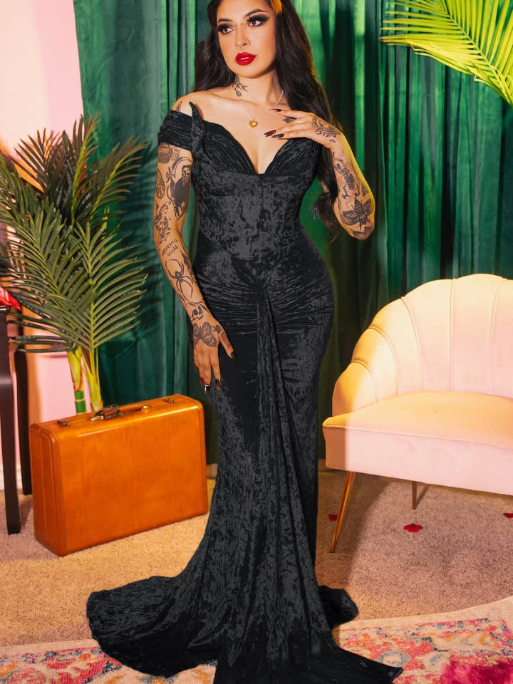 The Oozma Onyx Velvet Gown - Black Stretch Velvet Off-Shoulder Gown (Maleficent Edition) for wholesale by Weasel Wear