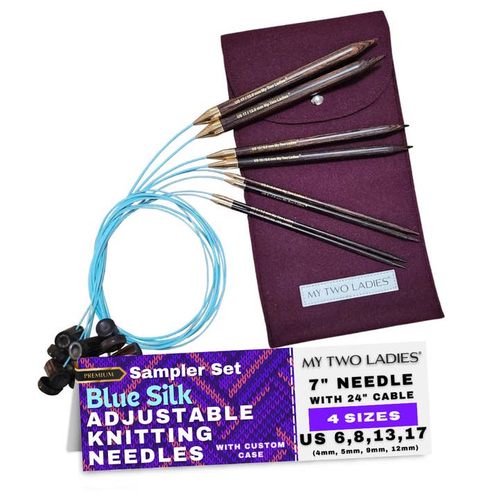 Blue Silk | Sampler Set | Adjustable Knitting Needles | 4 Sizes | US6, US8, US13, US17 | w/custom case for wholesale by My Two Ladies