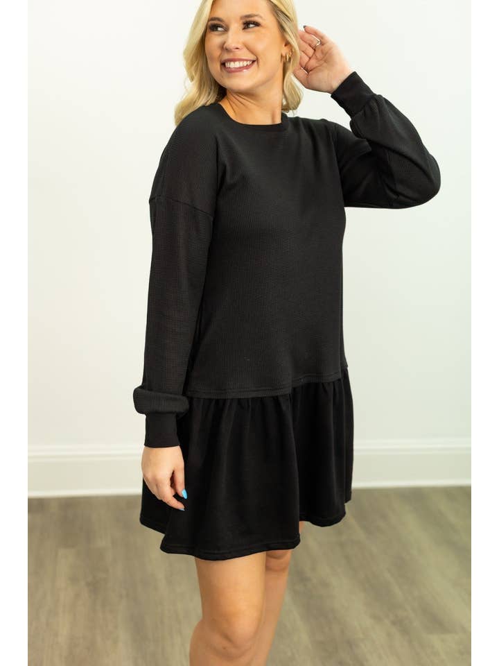 Waffle Knit Long-Sleeve Dress, Black for wholesale on Faire