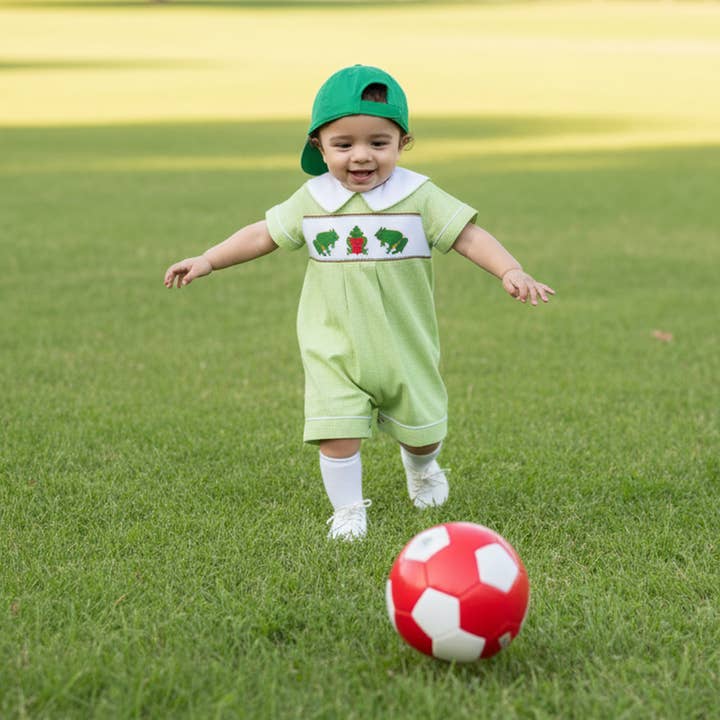 Green Frog with Heart Smocked Boy Romper for wholesale by Hello Bebes!
