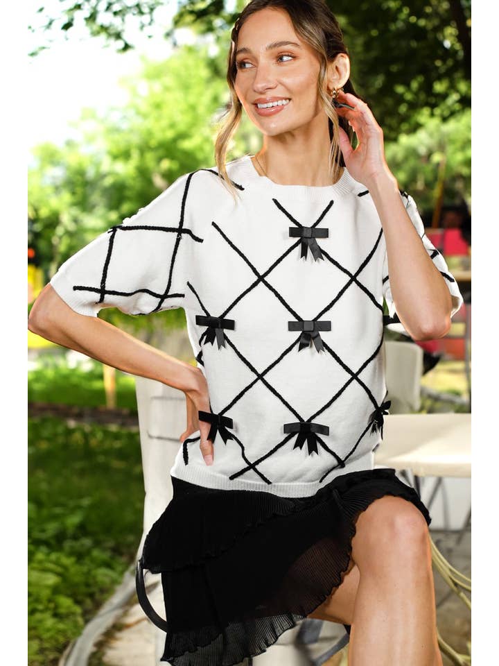 Cream Black Bow Detail Crew Neck Raglan Elbow Sleeve Knit SweaterVT82301 for wholesale on Faire