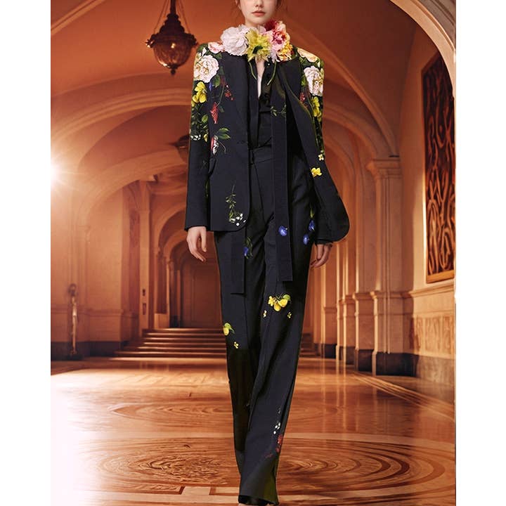 SET9-11L Anzugset mit digitalem Blumenmuster, einreihiger Blazer und ausgestellte Hose für den Großhandel von Productseeker