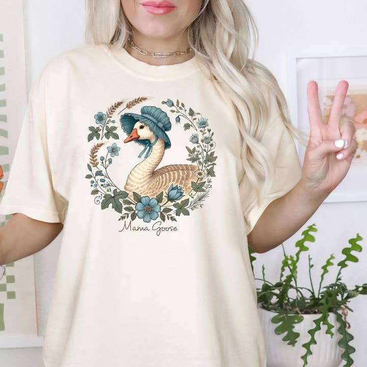 Vintage Mama Goose Comfort Colors Tee with Floral Bonnet for wholesale by Joyful Moose