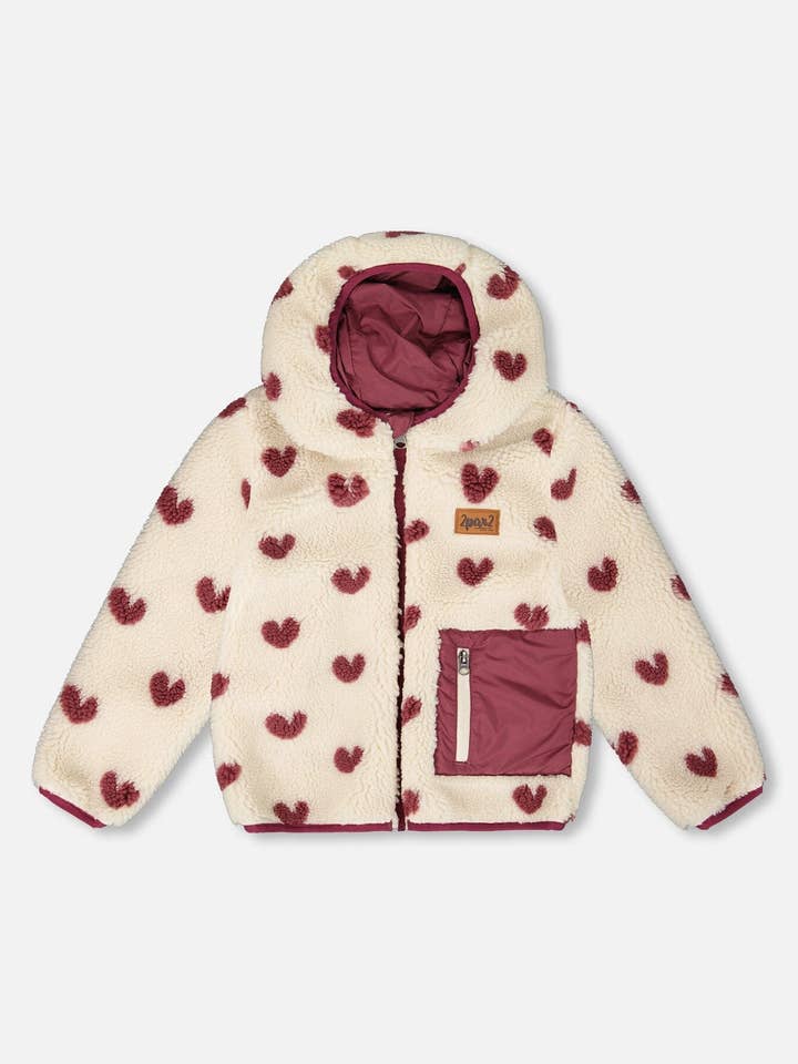 Reversible Mid-Season Sherpa Jacket Burgundy Heart for wholesale by Deux par Deux