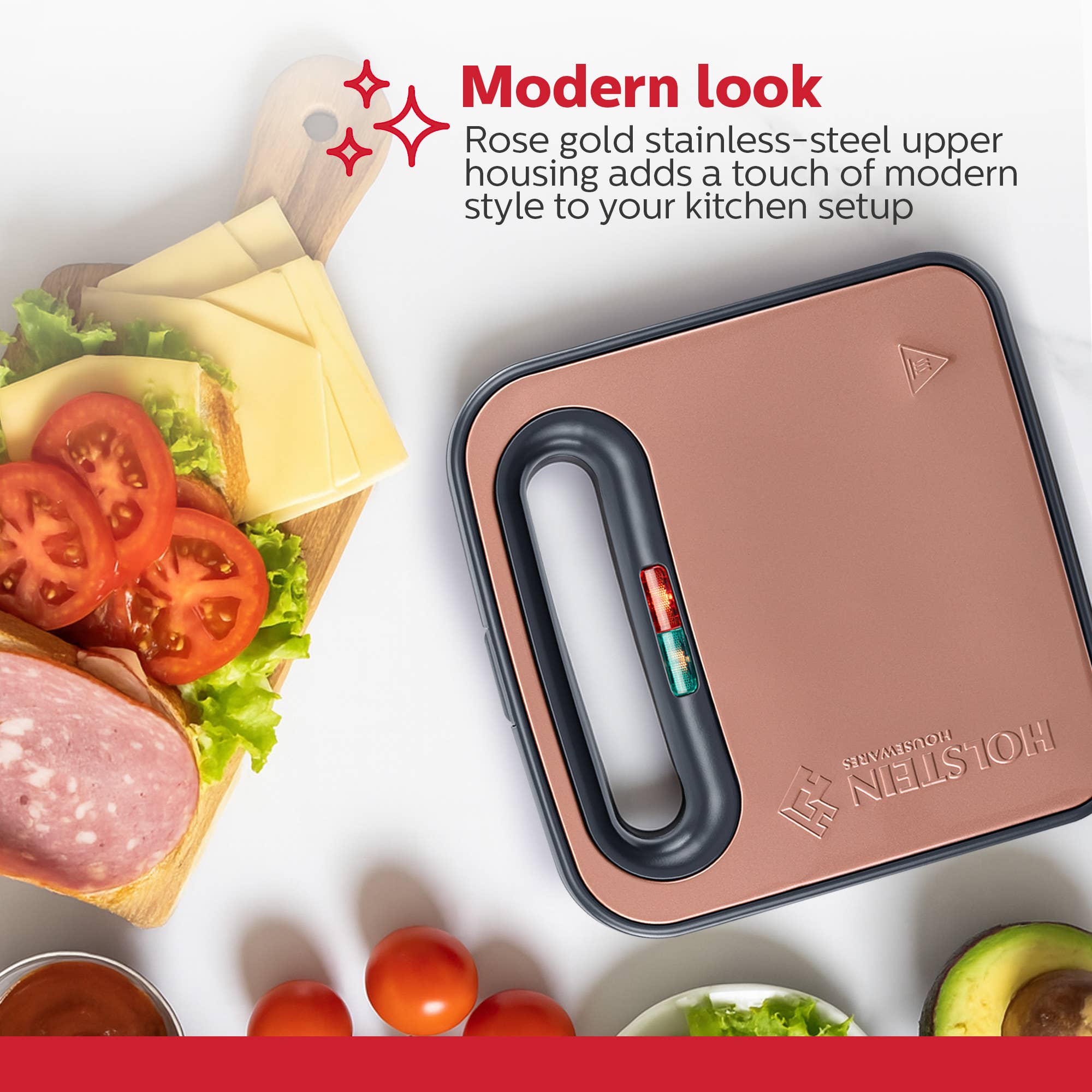 Holstein Housewares - Wholesale Kitchen Appliance - 2-SLICE SANDWICH MAKER & GRIDDLE ROSE GOLD4