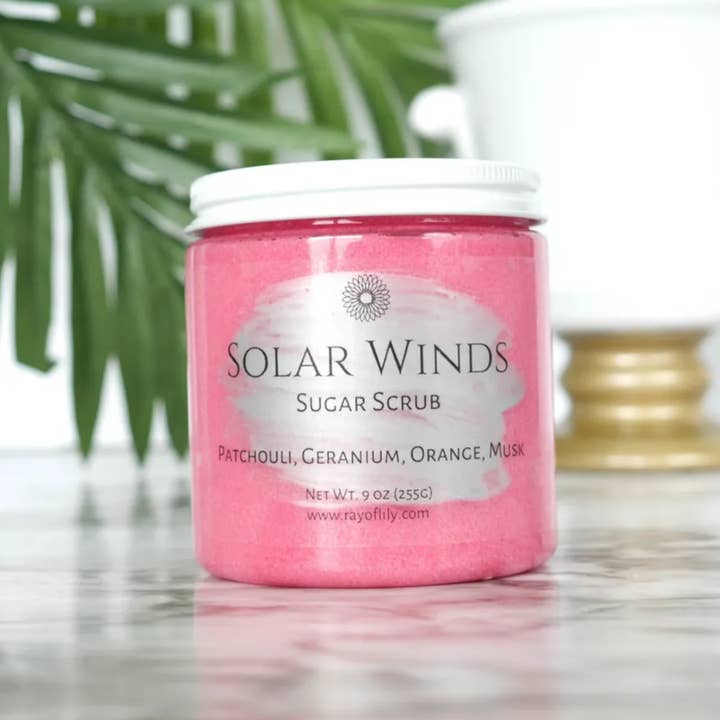 Solar Winds Geranium Patchouli Body Scrub/Exfoliant for wholesale by Ray of Lily Bath Works LLC