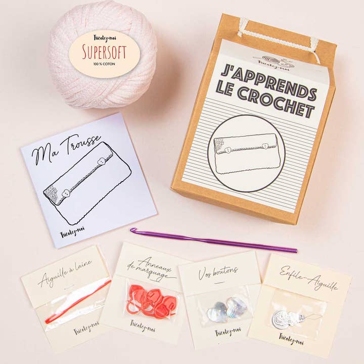 Box „I'm learning to crochet“ – Mein rosa Set für den Großhandel von Tricotez-moi
