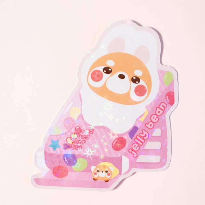 Jelly Bean Slide Vinyl-Aufkleber mit rotem Panda Bun Holo für den Großhandel von Notmehmehstudio