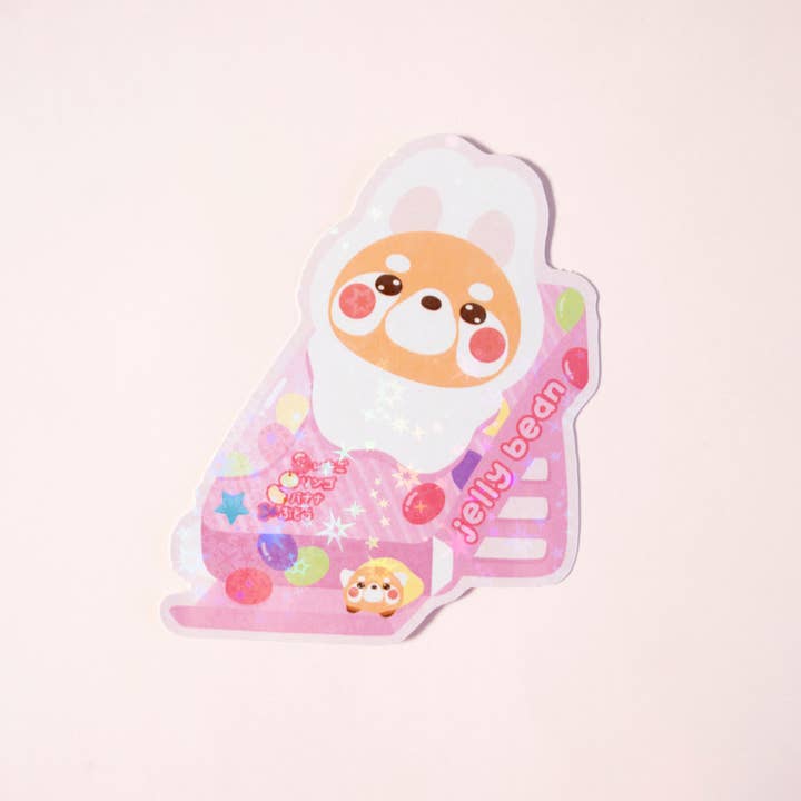 Jelly Bean Slide Red Panda Bun Holo Vinyl Sticker for wholesale by Notmehmehstudio