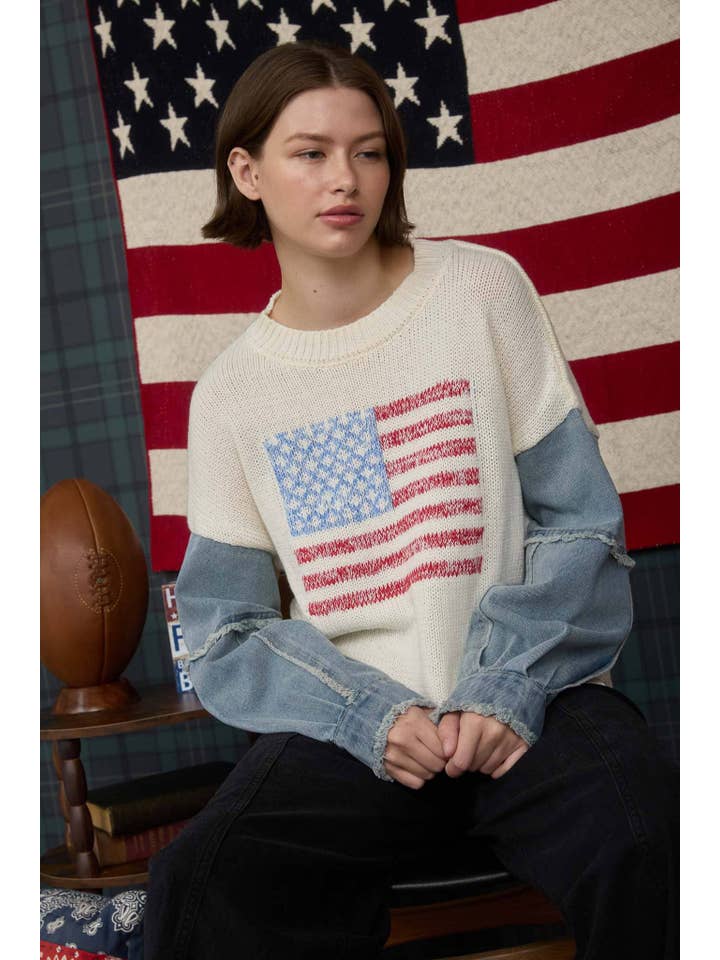 J.O.A - Wholesale Knit Sweater - Women's - AMERICAN FLAG DISTRESSED DENIM SLEEVE KNIT SWEATER10