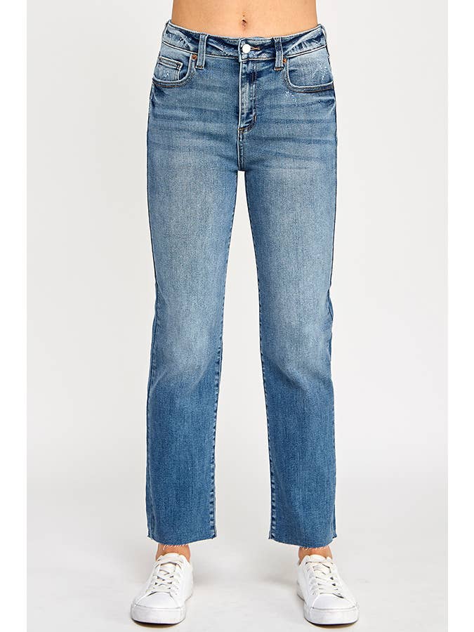 Medium ♡20% OFF♡ HIGH RISE SCISSOR CUT HEM SLIM STRAIGHT JEANS- MED for wholesale on Faire