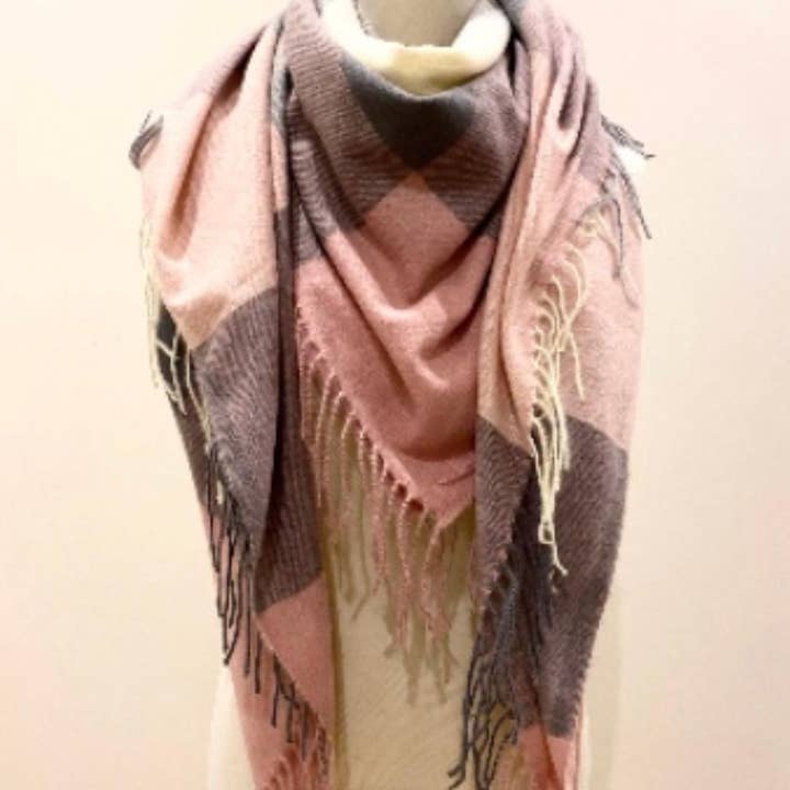 LINETA - Wholesale Sjaal - Dames - HG-35 Grote vierkante sjaal met ruitpatroon en lange franjes1