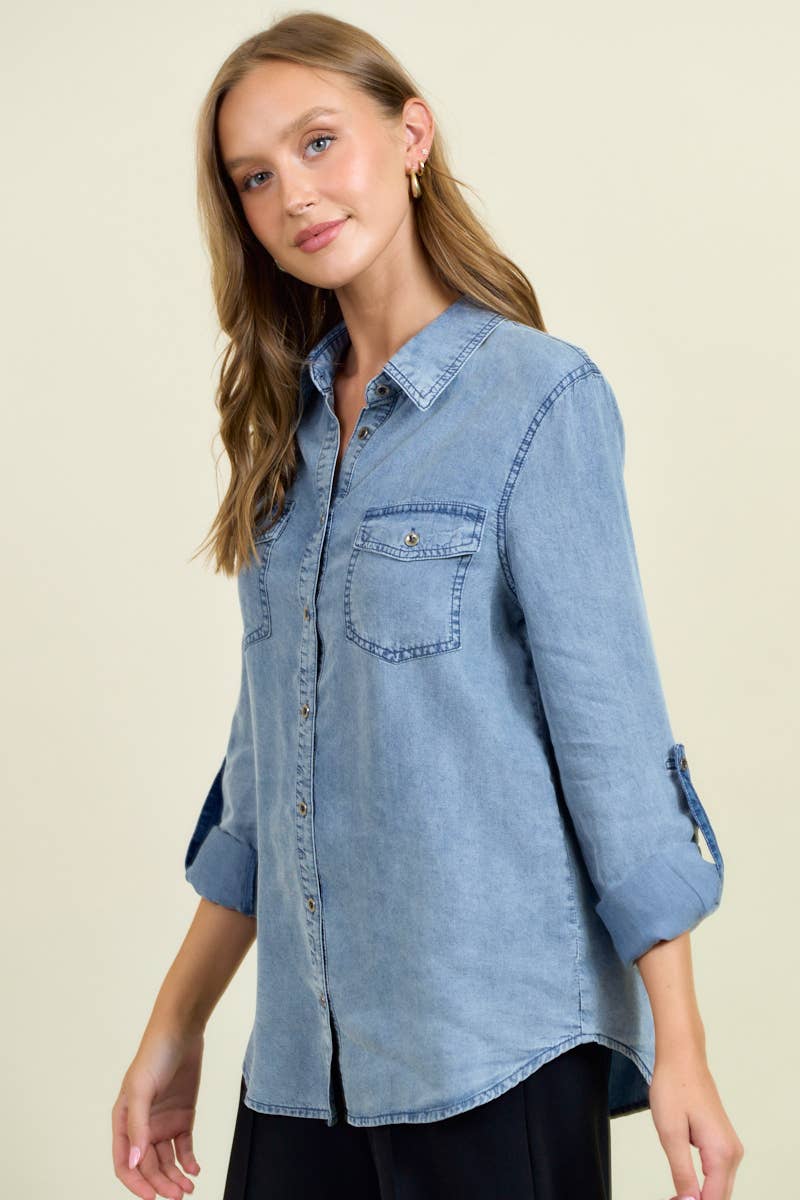 Doe and Rae – Camisa com botões no colarinho – Mulher por atacado – Camisa Chambray Button Down Com Manga Roll Up - 41778T7