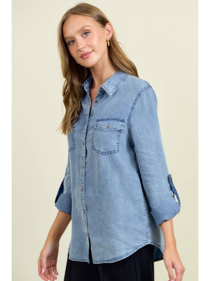 Doe and Rae - Wholesale Overhemd met knopen - Dames - Chambray overhemd met knoopsluiting en oprolbare mouwen - 41778T7