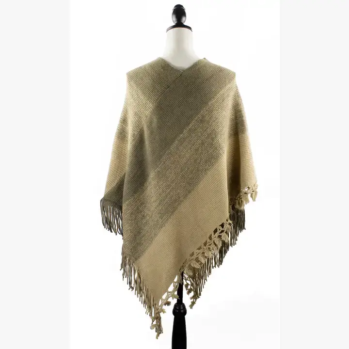 Fennco Styles – wholesale Poncho – Women's – Olive and Khaki Color Block Fringe Poncho Sweater3