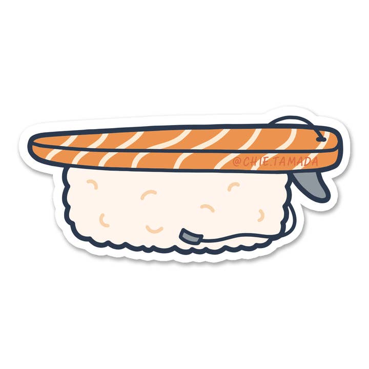 Salmon Sushi Surfboard Sticker for wholesale by Chie Tamada