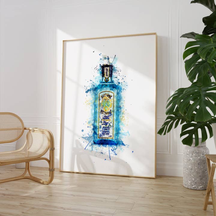 House of Binky - Wholesale Art Print - Watercolour Blue Gin Bottle Paint Splash Print1