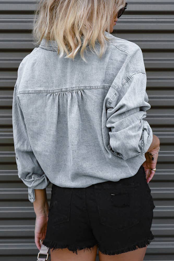 UNISHE – wholesale Tröja med knappar – Dam – Knapp Upp Slips Knut Elastisk Kort Denim Skjorta ZZKF1614