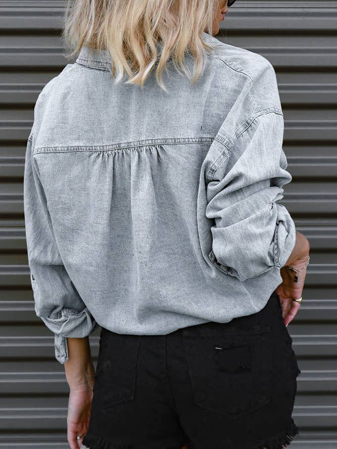 UNISHE – wholesale Tröja med knappar – Dam – Knapp Upp Slips Knut Elastisk Kort Denim Skjorta ZZKF1614