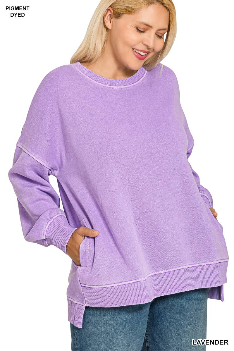 42POPS – wholesale Sweatshirt – Women's – .0827 Plus Pigment Dye Fleece Hi Low Hem Pullover With Pocket SI-21