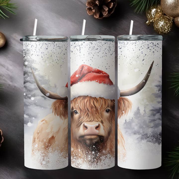 Santa Hat Highland Cow Tumbler for wholesale by Wicked Flower Creations