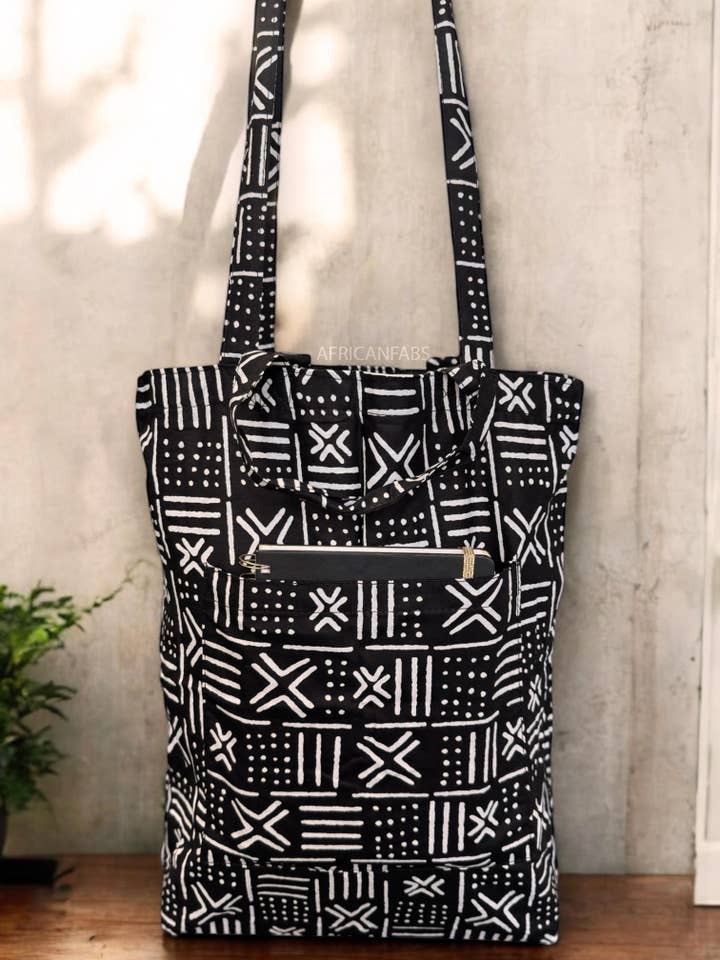 Shopper bag with African print - Black White X Bogolan - Reusable Cotton Tote Bag for wholesale by AfricanFabs