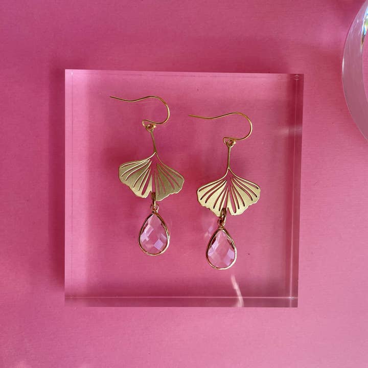 Ginkgo Earrings ~ Clear Crystal & Brass for wholesale by GeoMetricGem