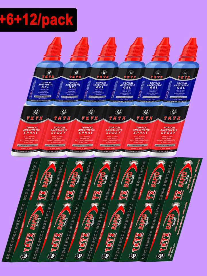 6 stycken TKTX Gel 1,0 fl.oz/st & 6 stycken TKTX Spray 1,0 fl.oz/st & 12 stycken TKTX Rapid & Long Lasting 0,35oz/st för wholesale av TKTX