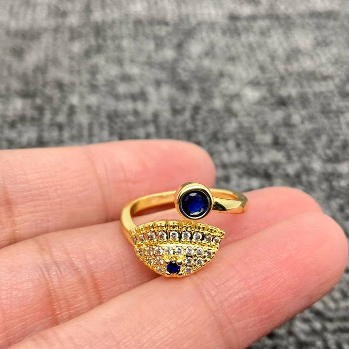 Mio Queena - Wholesale Cocktail/Statement Ring - Enamel Rhinestone Turkey Eye Evil Eye Golden Adjustable Rings