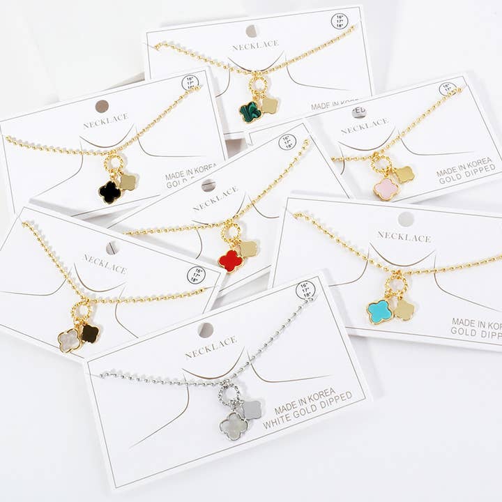 Gold Dipped Double Quatrefoil Pendant Bubble Chain Necklace for wholesale by Sensibling Corp.