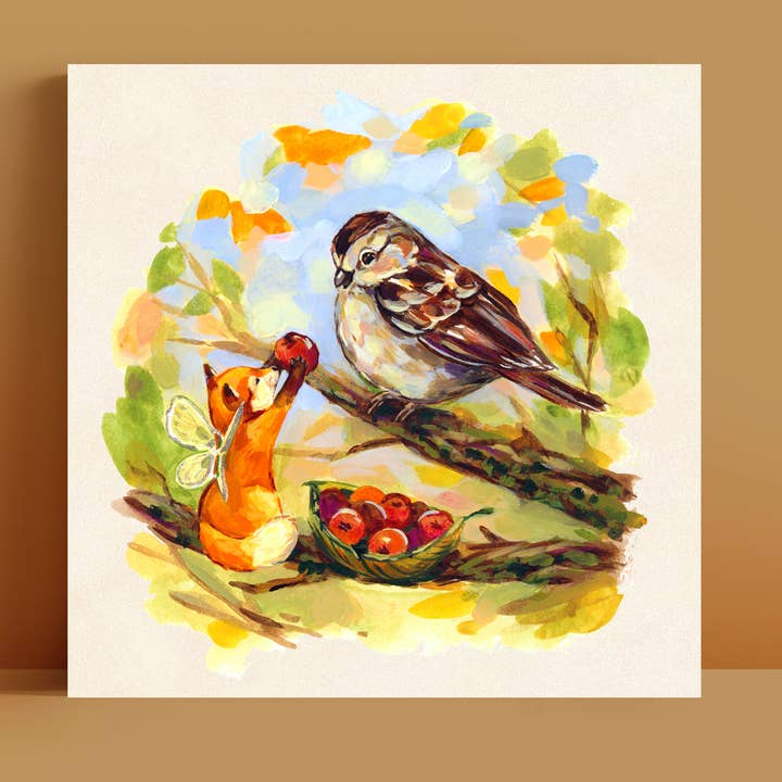 Fairy Fox and Bird Art Print | 8x8'' | Cute Fall Wall Decor for wholesale by Doro Marcello