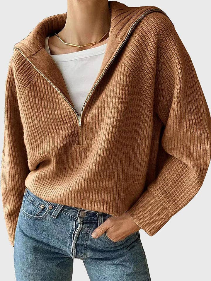 Masyal – Engroshandel Pullover - Dame – Ribstrikket sweater med halv lynlås og afslappet pasform0