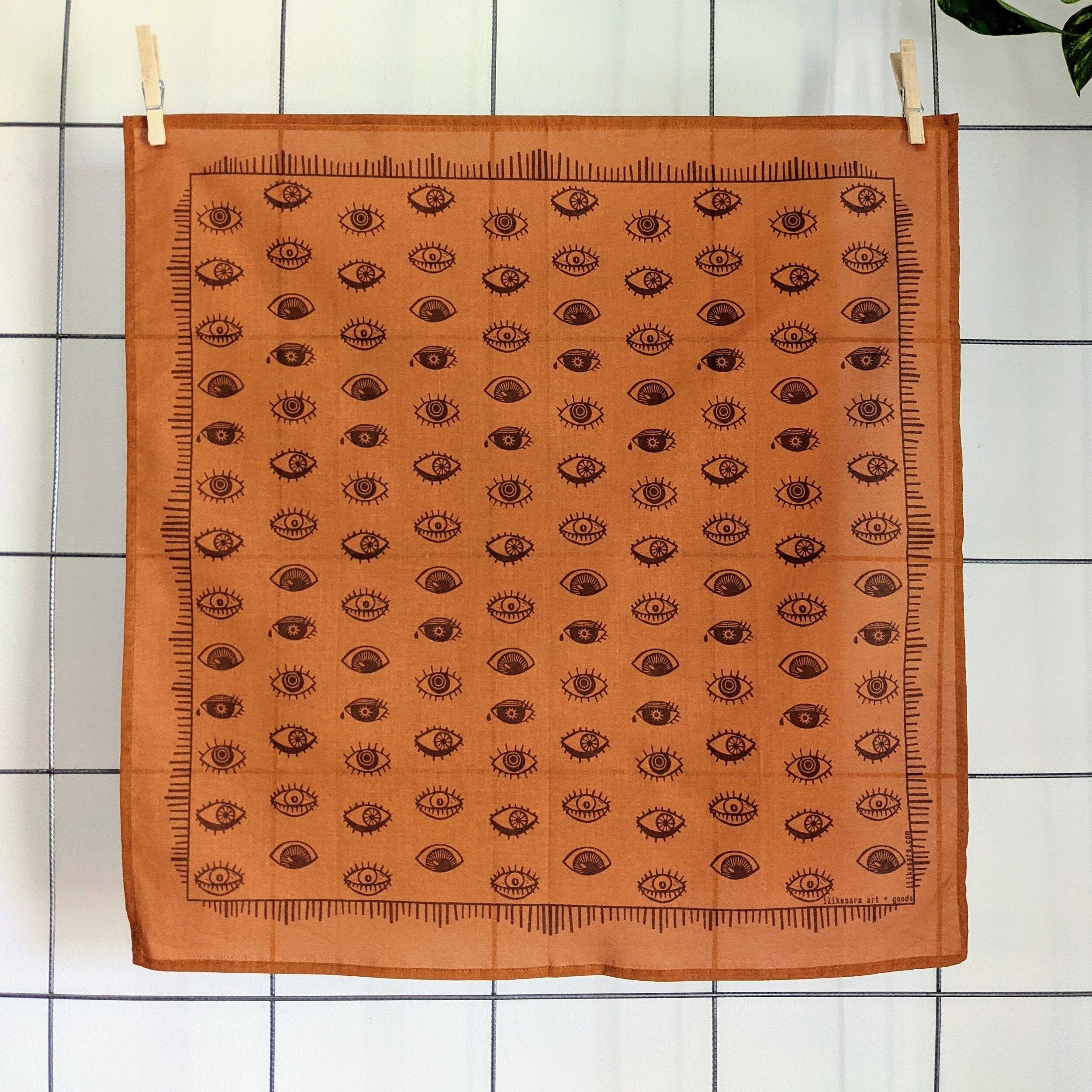 ilikesara | art + goods - Wholesale Bandana - Unisex - bandana | eyeball - orange & brown folky blockprint eye scarf neckerchief5