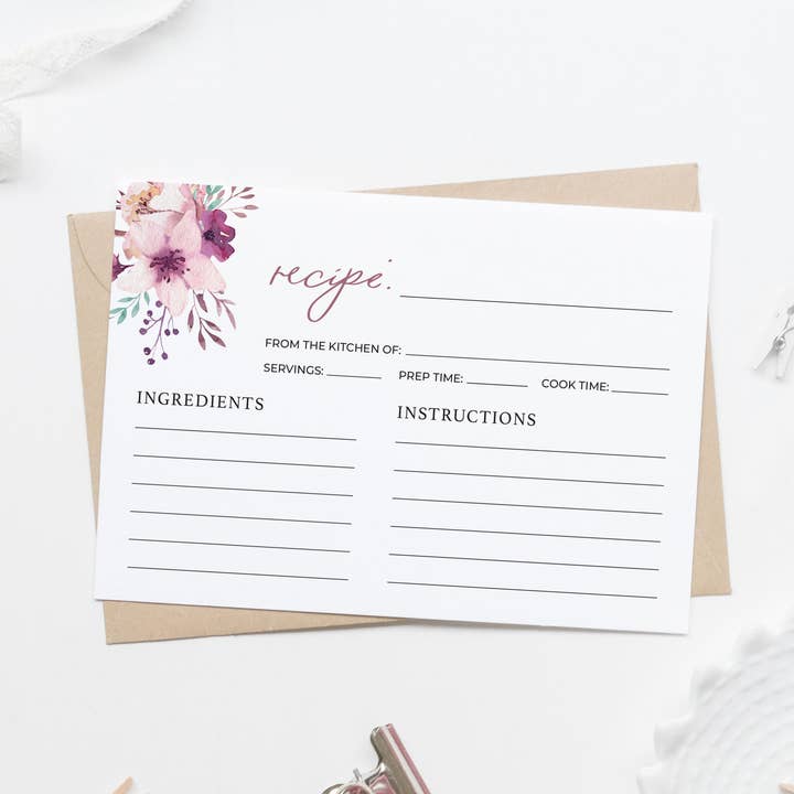 Set of 20 Boho Floral Blank Recipe Cards for wholesale by Lilly Belle Paperie