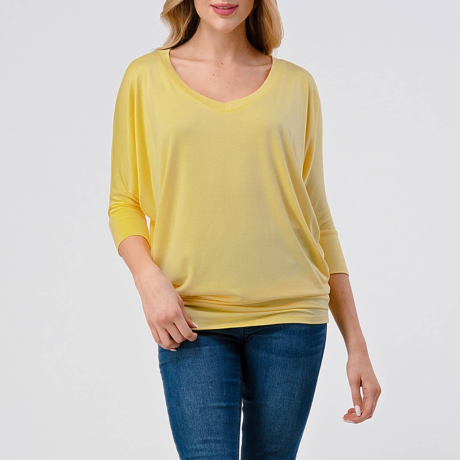 Heimious - Wholesale Knit Top - Women's - 3/4 Dolman Sleeve V-neck Modal Jersey Top, 2573113