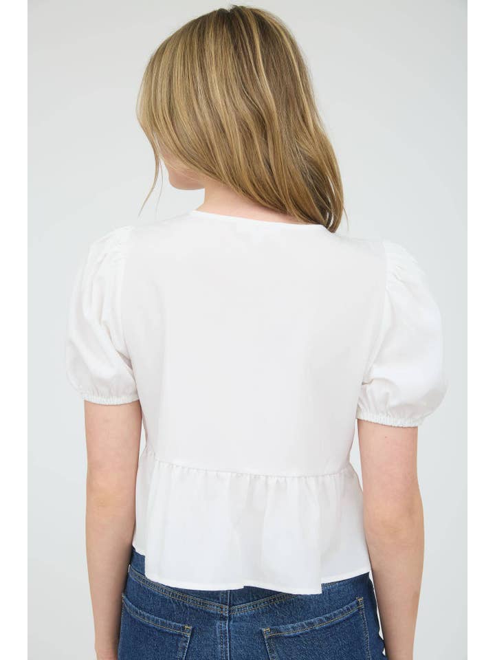 MINE - Wholesale Blouse - Women's - BOW FRONT TIE PUFF SLEEVE WOVEN TOP