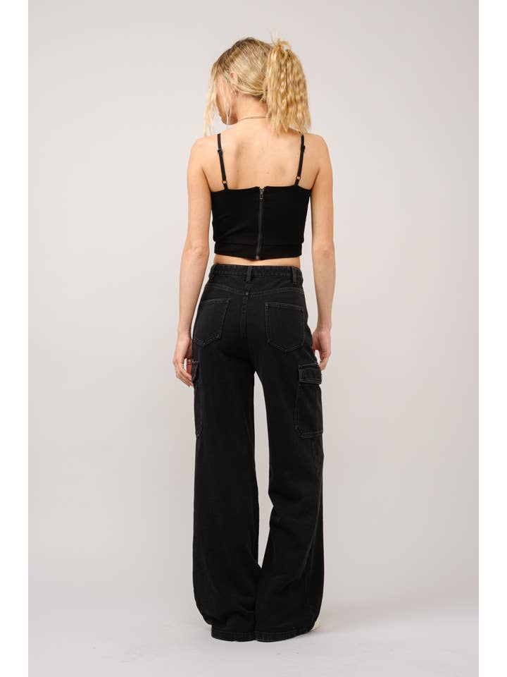 BLACK 23183P - High rise wide leg denim sweat pants for wholesale on Faire